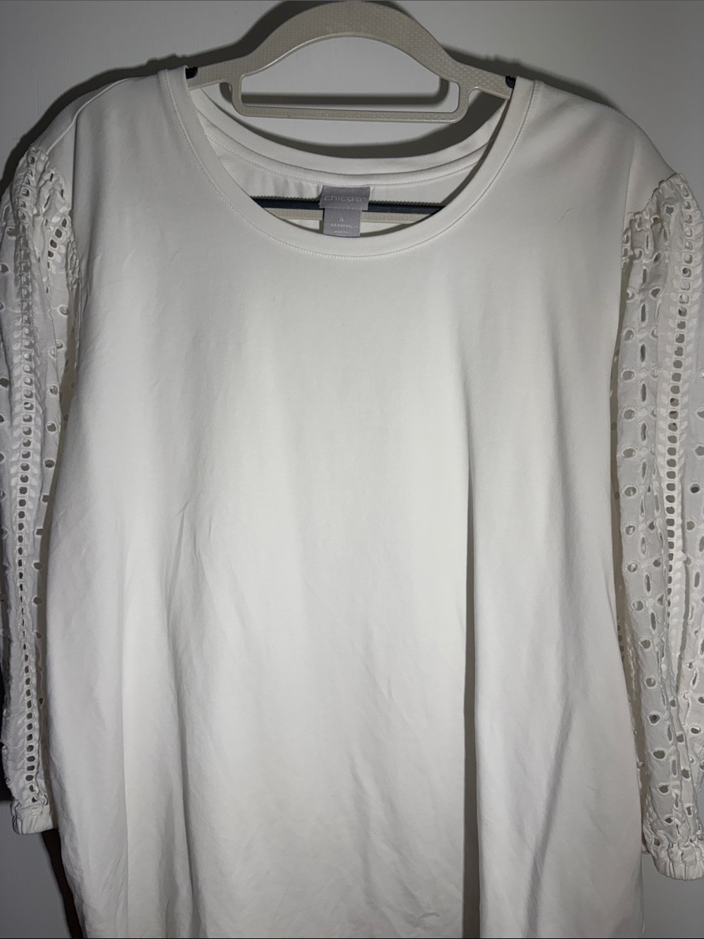 Chico's White Scoop Neck Top with Eyelet Lace Sleeves